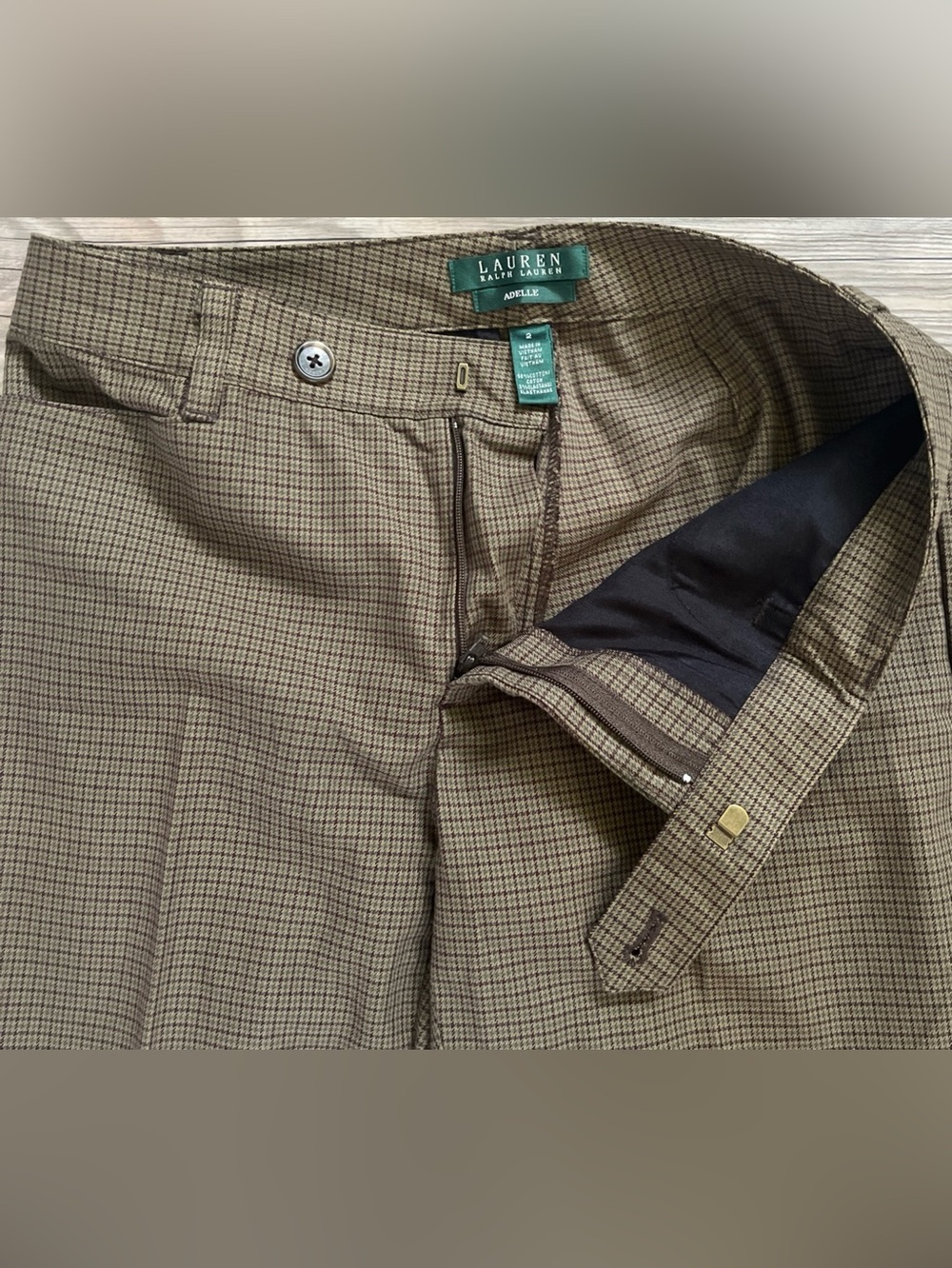 Lauren Ralph Lauren Adelle Pants Women Brown Tan Houndstooth Cotton Size 2 - Picture 2 of 8